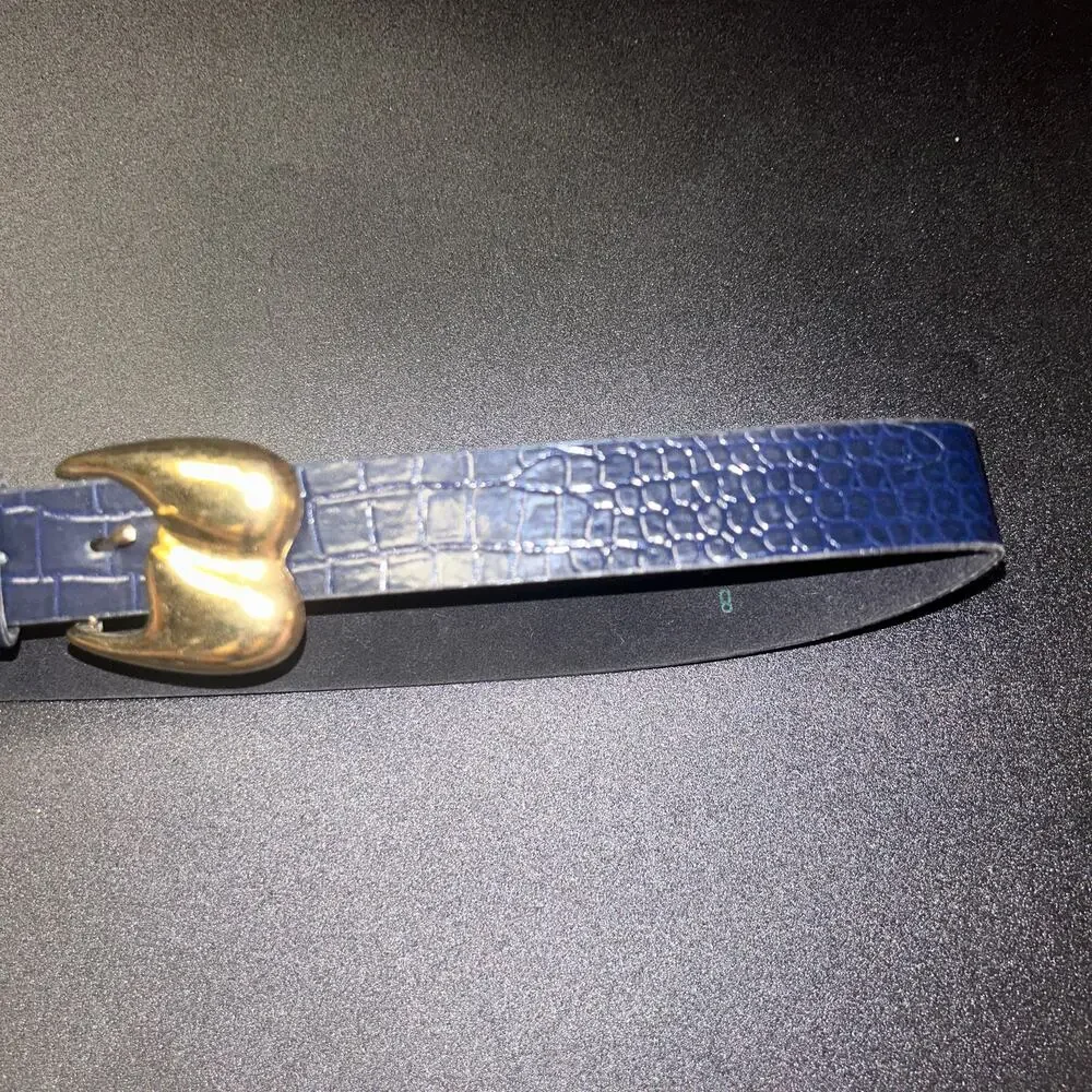 Navy Blue Faux Leather Textured Gold-Tone Hardware Belt Women's 30